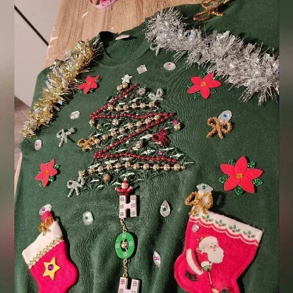 1 of a kind Custom Handmade Ugly Christmas Sweater Tinsel Bells Bows Women's XL - Picture 3 of 10